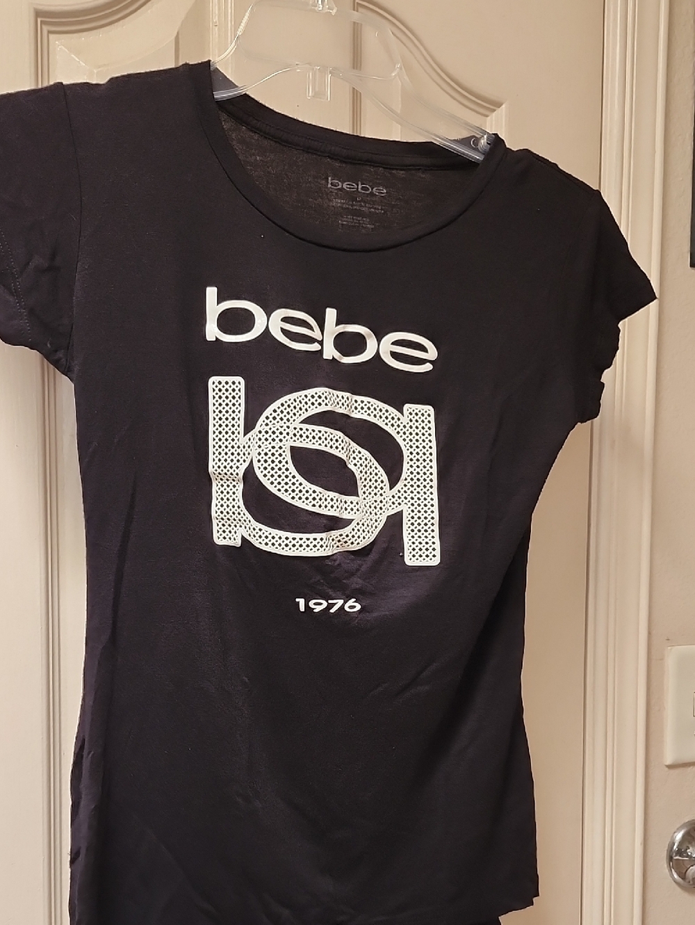 bebe Black Short Sleeve Logo Tee with White Graphic